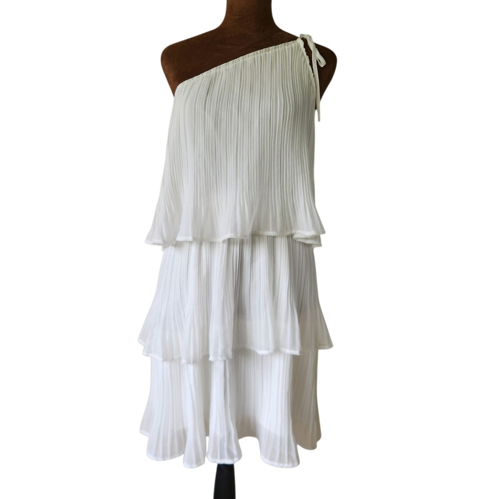 NWT ZESICA Dress White One Shoulder Tiered Pleated Size M Romantic Boho